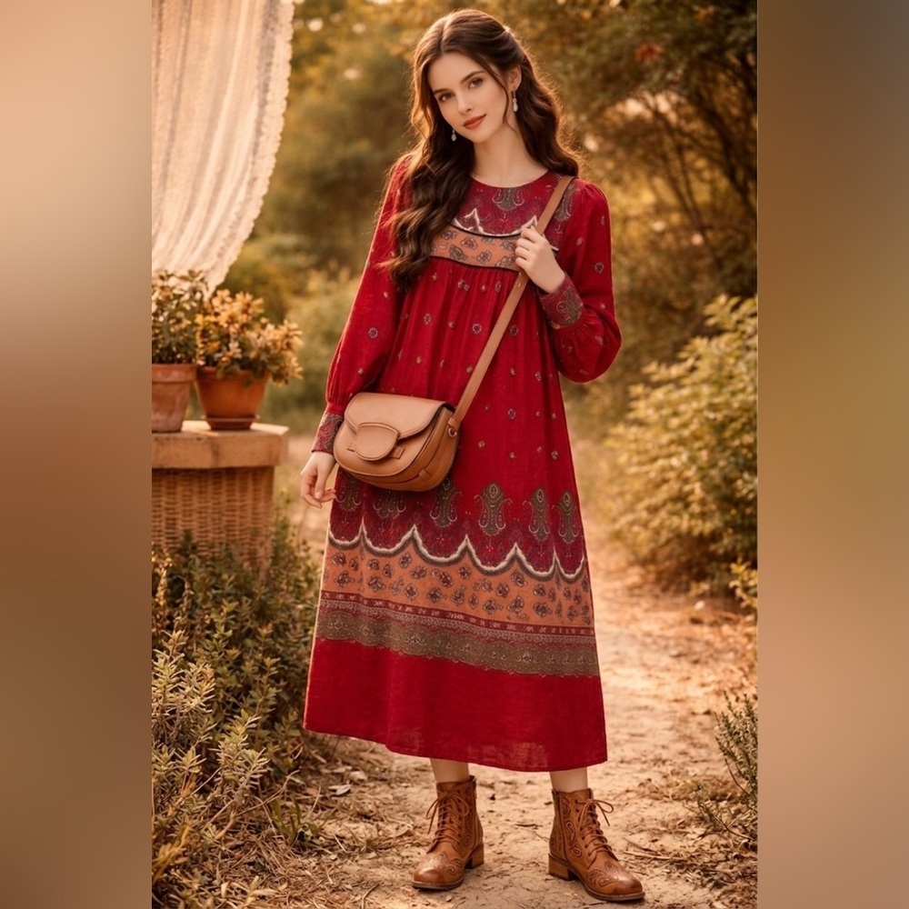 Robbie Bee Vintage Red Printed Long Sleeve Midi Dress with Earthy Trim